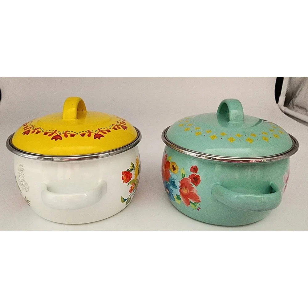 The Pioneer Woman Mini Dutch Oven Set 2pc Floral Enamel Steel Teal White 1 Qt